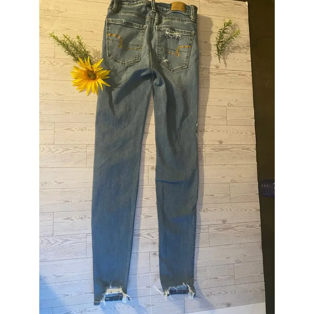 “American Eagle Ne(x)t Level Stretch Distressed Skinny Jeans Raw Hem - Size 0 - Picture 4 of 7